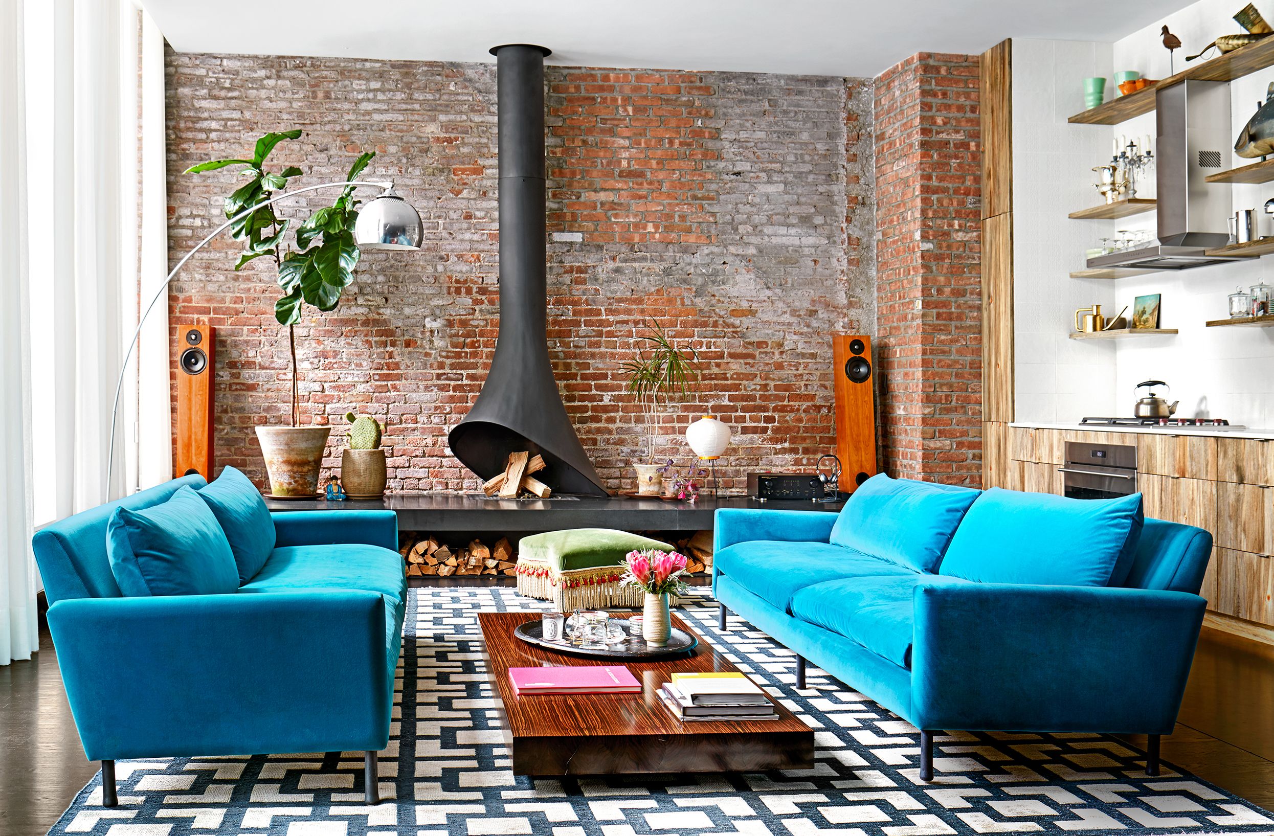 Bold Colorful Home Decor Inspiration | Living Room Decorating Ideas |  Orange Chair | Zebra Ottoman | Blue Velvet Couch | Eclectic living room,  Living room designs, Bright living room