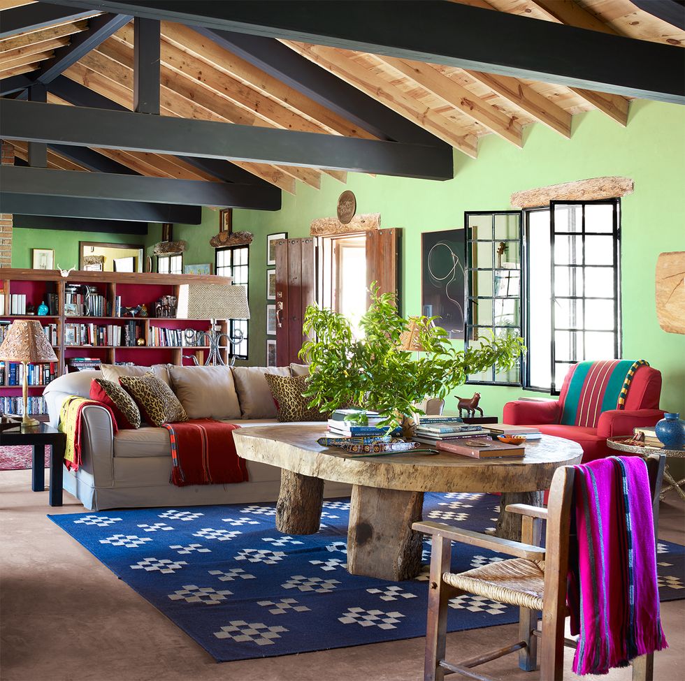 living room with wood beams