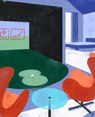 drawing of a playroom with 2 red chairs and a putt putt green