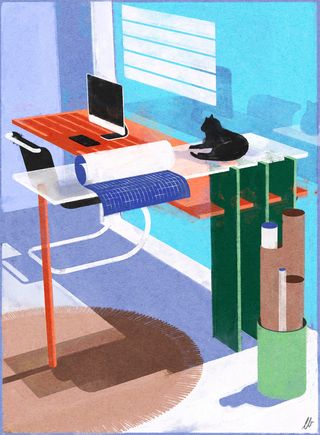 drawing of desk with computer and cat