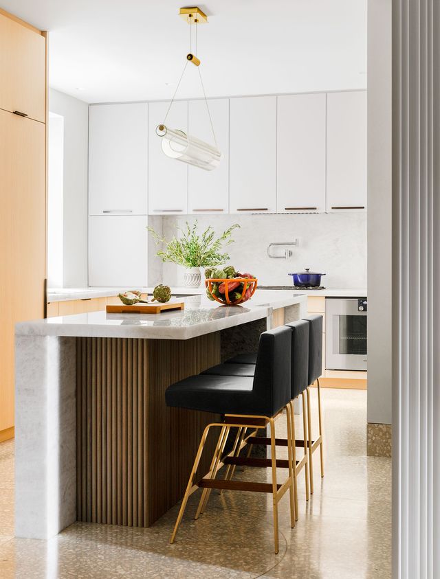 kitchen with black stools