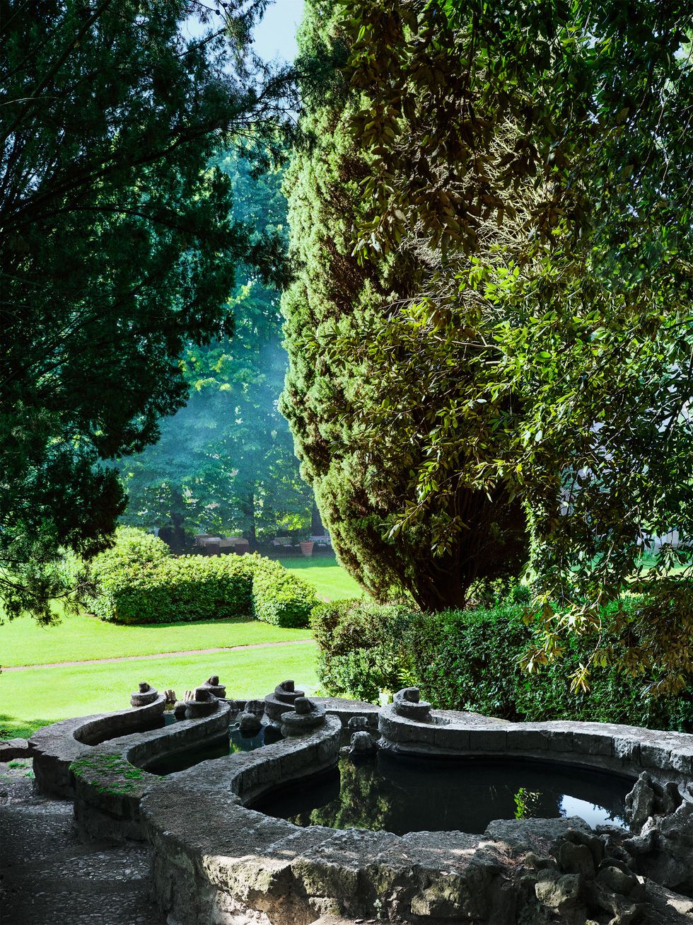 in the foreground is a stone waterfall fountain next to shrubs and cypresses of varying heights, and in the background is a lawn with shrubs and benches and potted plants backed by a line of tall trees