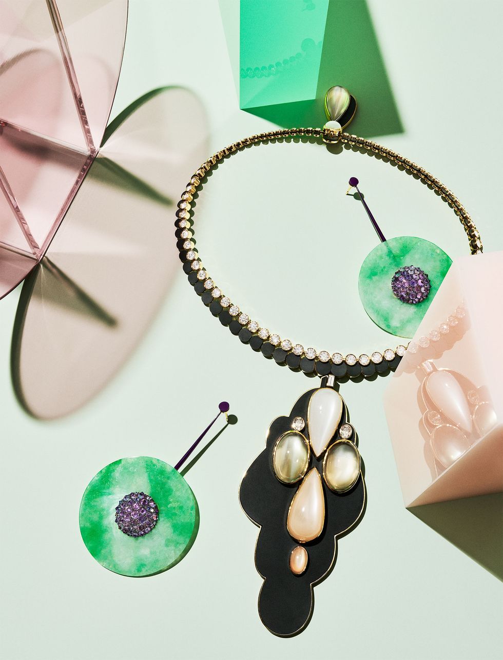 hermès lueurs du jour necklace and taffin by james de givenchy green jade disk earrings