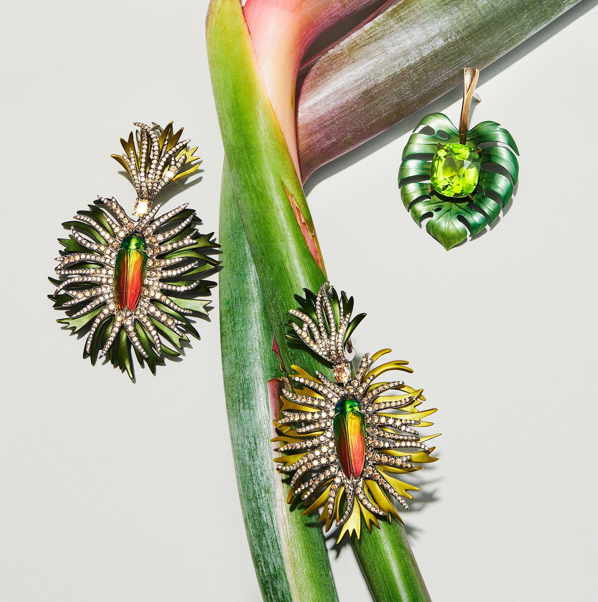 tourmaline earrings in aluminum, bronze, and white gold, and dianthus beetle drop earrings