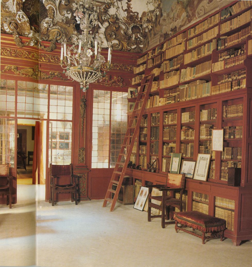 large library with open and glass encased shelving and a rolling ladder for access to the top
