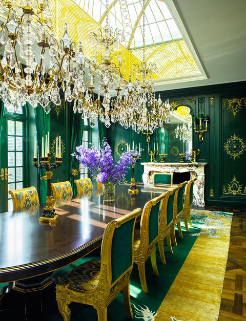 Decoration, Room, Yellow, Dining room, Interior design, Purple, Ceiling, Table, Furniture, Building, 