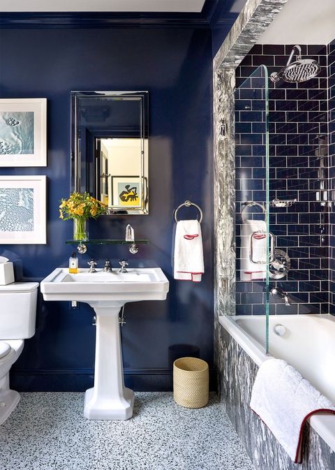 Bathroom, Blue, Room, Black, Interior design, Property, Yellow, Tile, Furniture, Building, 