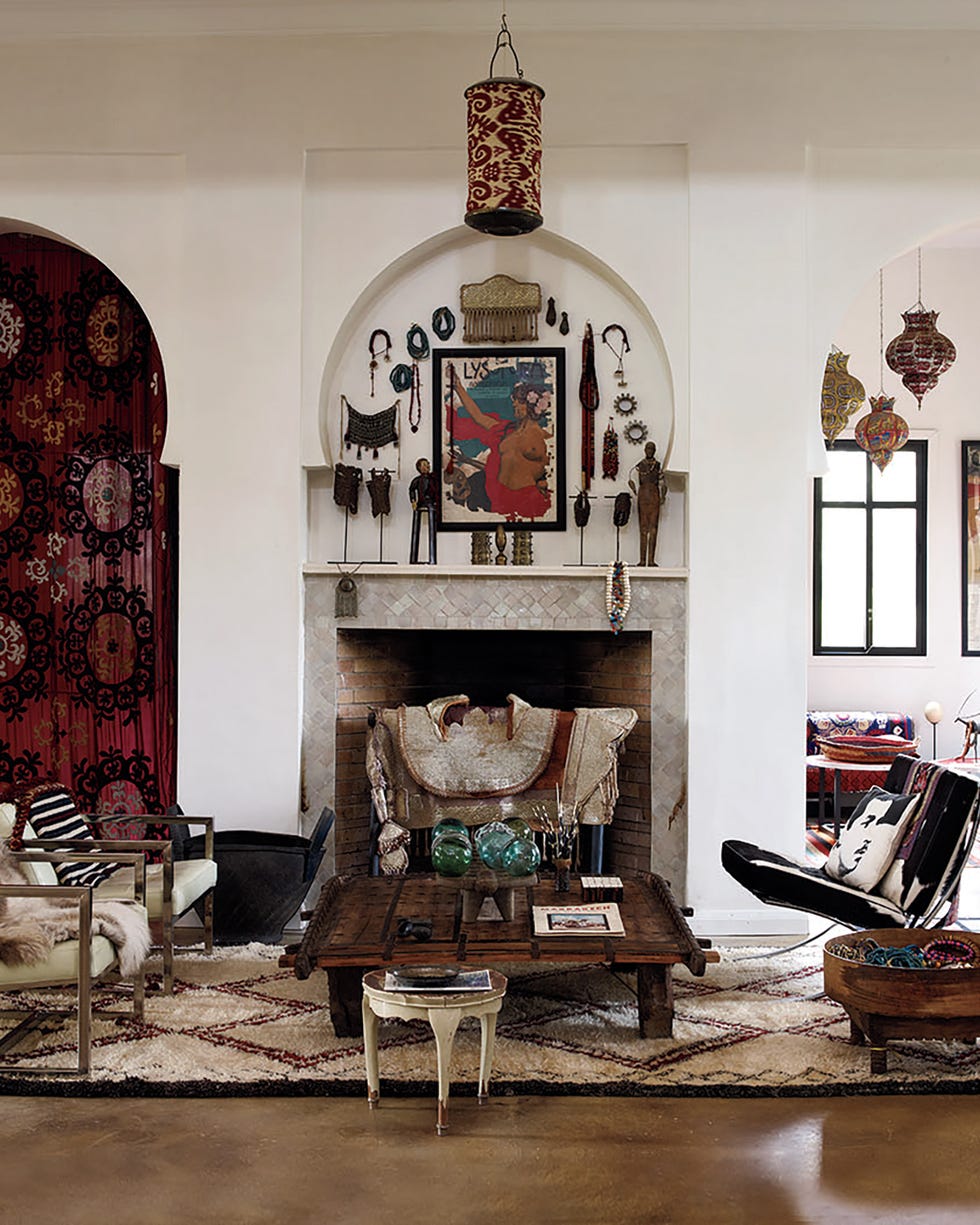 Interior of a stylish living room featuring eclectic decor and furniture Interior of a stylish living room featuring eclectic decor and furniture