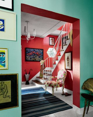 red foyer with staircase