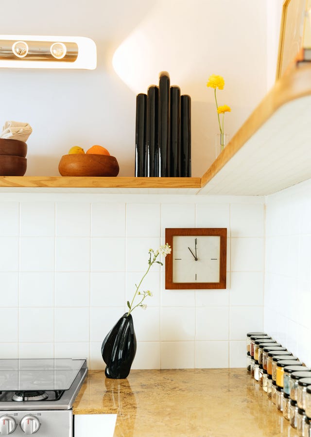 kitchen counter with black vase