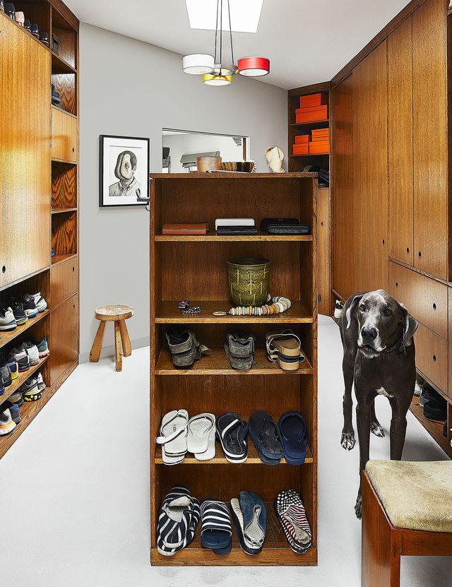 in the walk in closet is a set of shelves with shoes and objects, floor to ceiling cabinets and open storage shelves line left and right walls, a large mirror is on the back wall, and the owner’s dog is at right