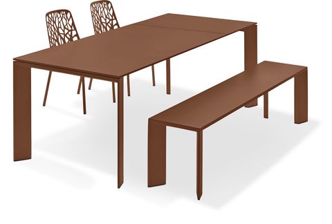 high brown table with bench and two chairs