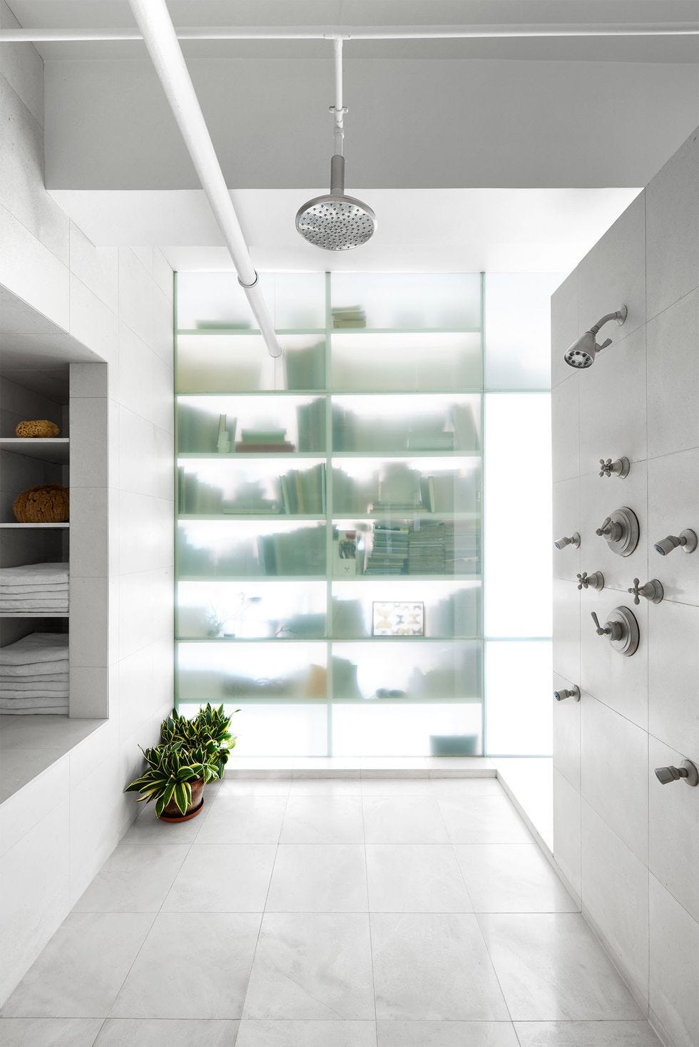 futuristic looking backroom with tucked away shelving, an overhanging showerhead, and plants in the corner of the floor