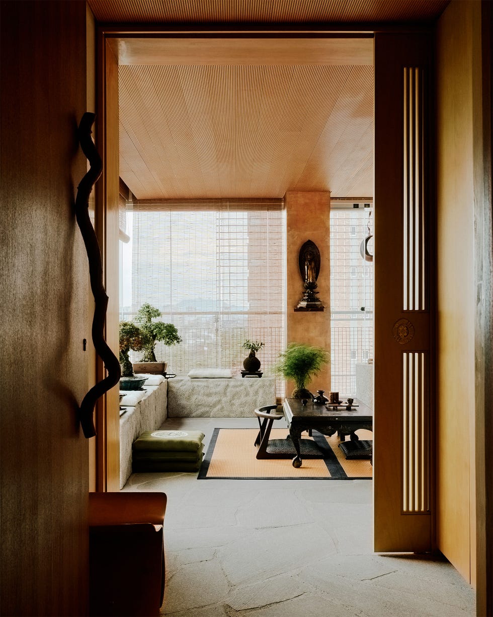 Silvia Furmanovich - ELLE DECOR a foyer leading to the living room has a sliding wood door, stone floor, another door with a larged curved vine serving as a door handle