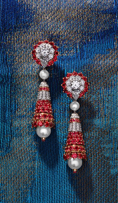 diamond, pearl, and ruby drop earrings