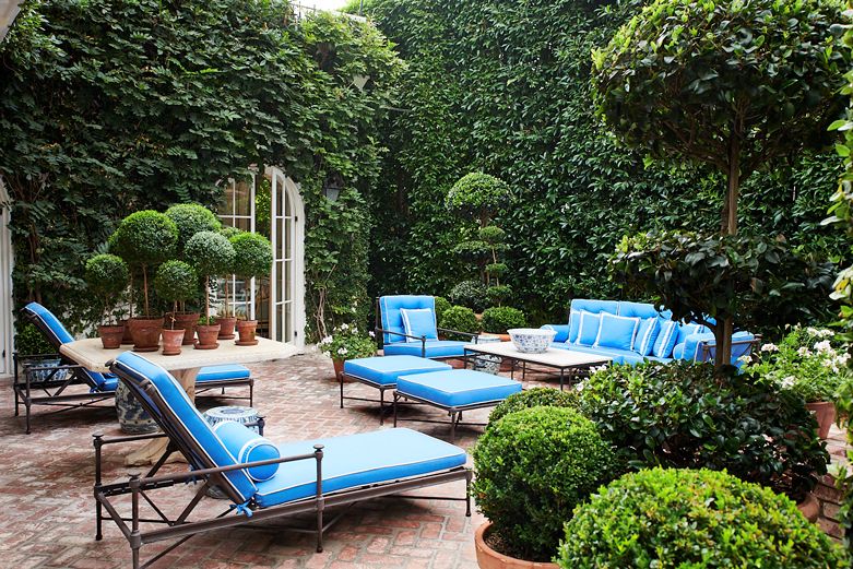 terrace with blue chaises