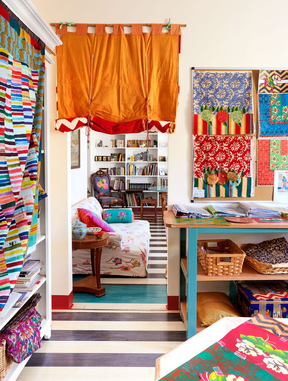 room full of colorful textiles