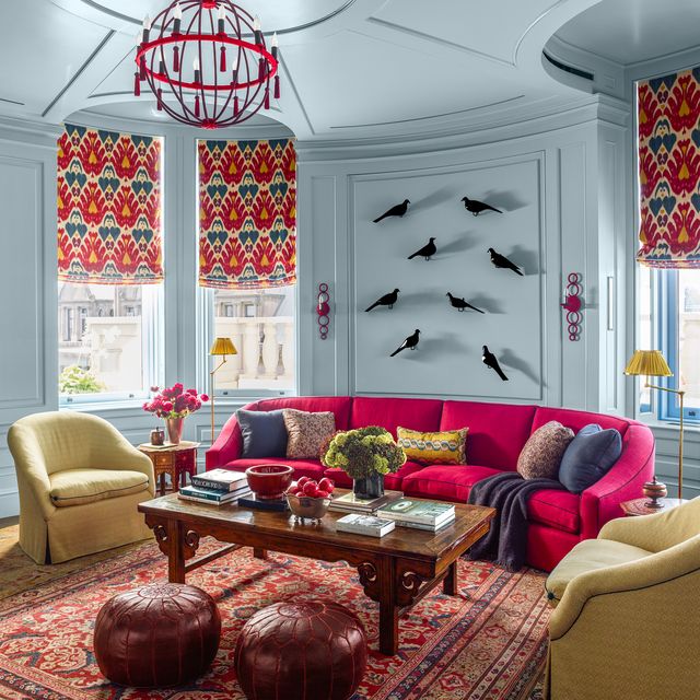 living room by katie ridder for elle decor pink sofa