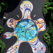 overhead view of a colorful curvaceous pool with amorphous blobs extending from it