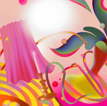 pink and yellow abstract extravaganza of images including a candlestick and curtains