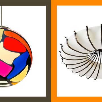 on the left is a globe pendant lamp in multiple colors from pink to blue to yellow to orange and on the right is a flush mount lamp that looks like a life preserver in white with metal accents issuing from the center