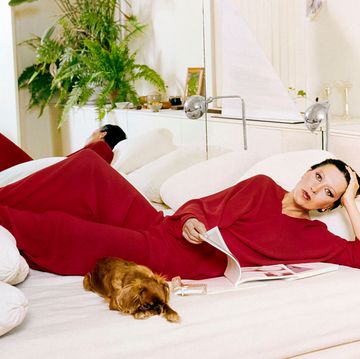 a woman with dark pulled back hair wearing a deep red long sleeved gown, leaning on an elbow, lounges on a bed with white bedding, a small brown dog lies next to her, a shelf behind the bed has a potted fern