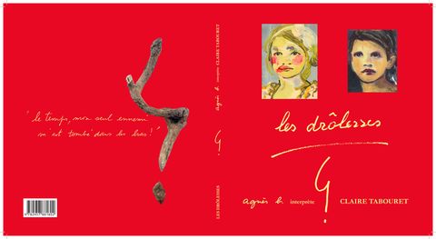 back and front red book cover with a picture of a tree branch and two lines of handwritten french text on the back, on the front is the title les drolesses and two small painted portraits of young girls' faces