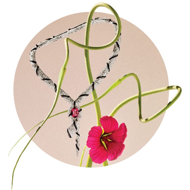 artistic set up of a serpent necklace black and white diamonds and a large red spinel stone at center intertwined with the stem of a red hibiscus like flower