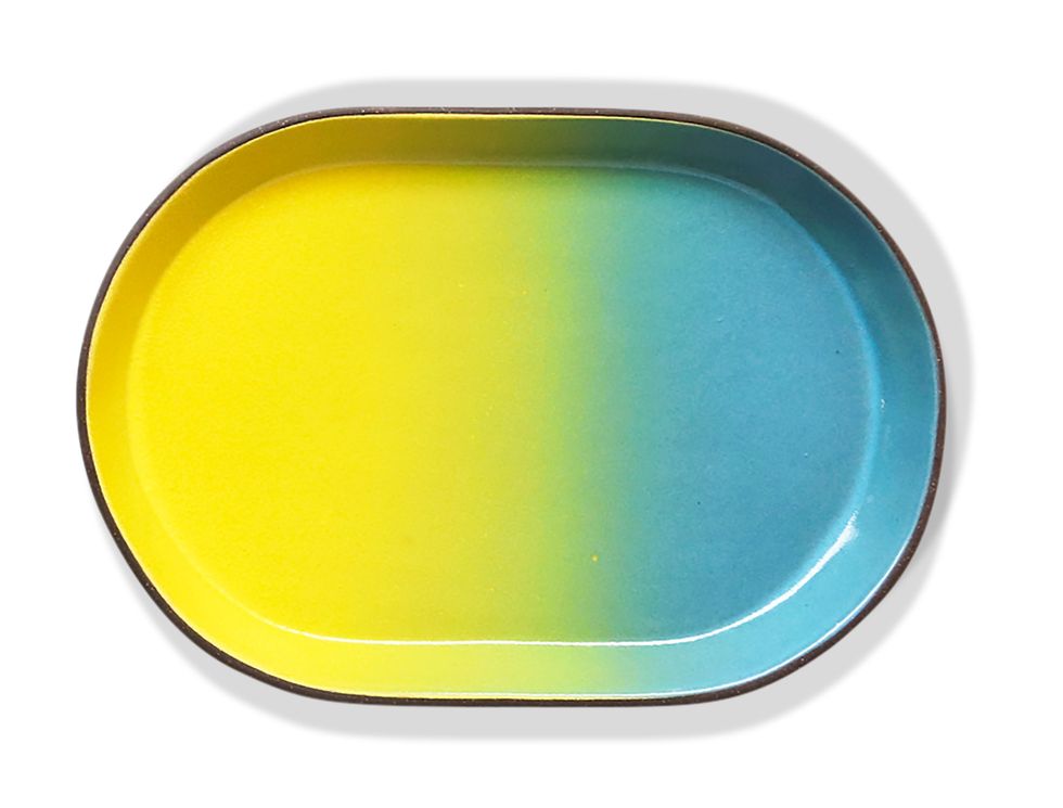 ceramic tray with ombre going from yellow to pale blue