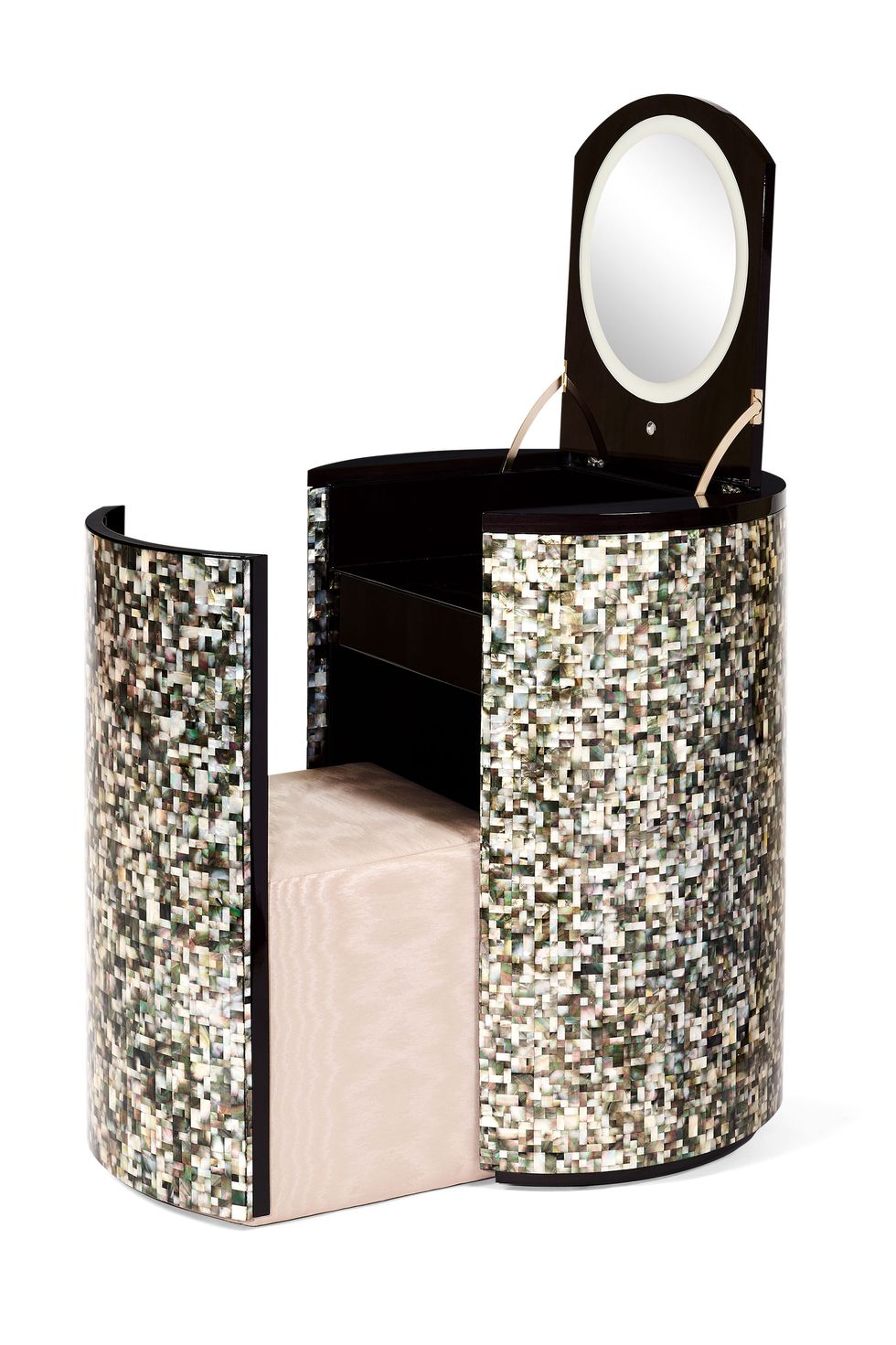 sparkly mosaic art deco vanity with pop out poof chair in pink and a pop up mirror