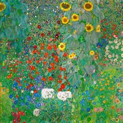 gustav klimt painting of colorful flower painting with pink  sunflowers etc  impressionistic flowers with lots of green background