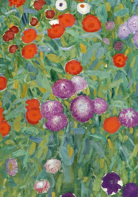 gustav klimt painting of colorful flower painting with pink  red purple impressionistic flowers with lots of green background