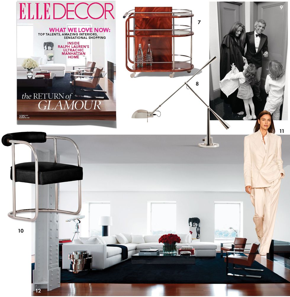 collage of apartment and elle decor cover and bar cart and lamp and runway model and black and white portrait of ralph and ricky lauren and their kids when they were little
