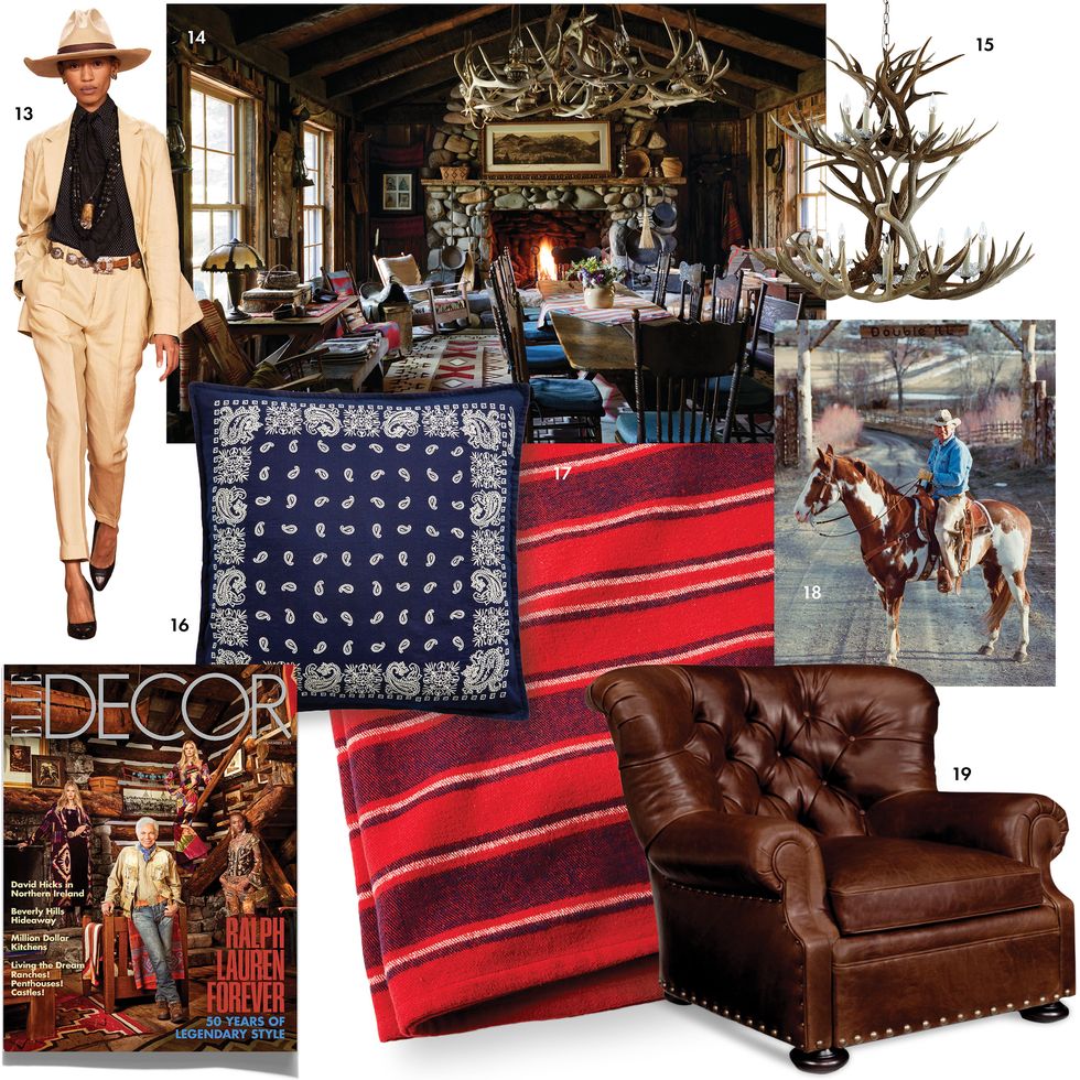 collage of western items like a red striped blanket and horn chandelier and leather armchair and blue pillow and runway model and picture of ralph lauren on a horse in western gear and an interior lodge like image of his house in colorado