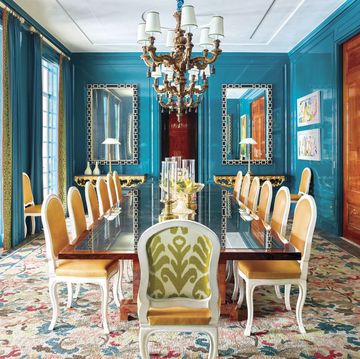 Dining room, Room, Furniture, Interior design, Property, Chair, Table, Yellow, Chandelier, Ceiling, 