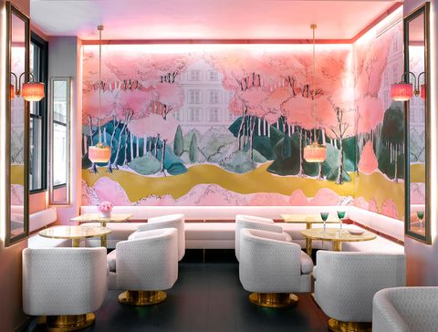 pink salon with mural