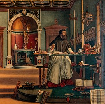 saturated detailed renaissanceesque painting of a monk at a desk with a quill in his hand and a small dog looking at him