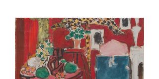 matisse painting of woman lounging in a blue chair in a red room