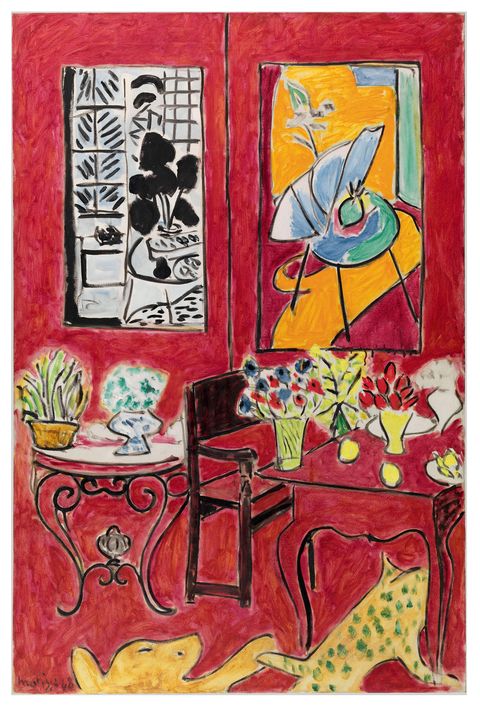 red themed matisse painting of a room with chair and tables and little patio set with art on the walls