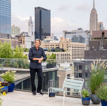 rooftop terrace with a view of new york city and the designer standing in the middle of it