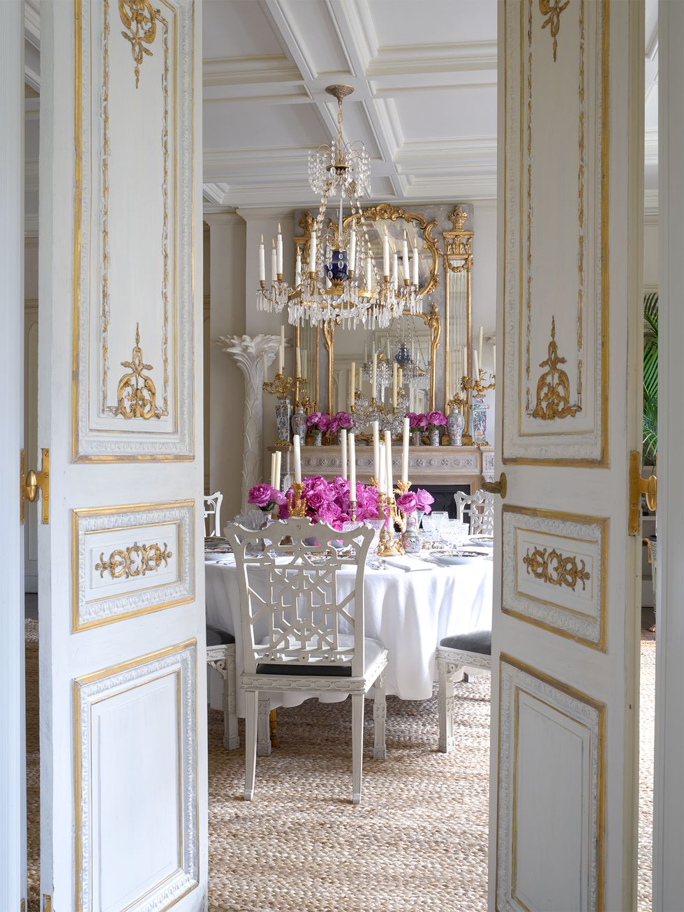 White, Room, Furniture, Property, Pink, Interior design, Dining room, Lighting, Table, Light fixture, 