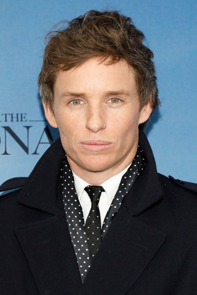 Eddie Redmayne wears a dark suit, polka dot tie and scarf on the red carpet