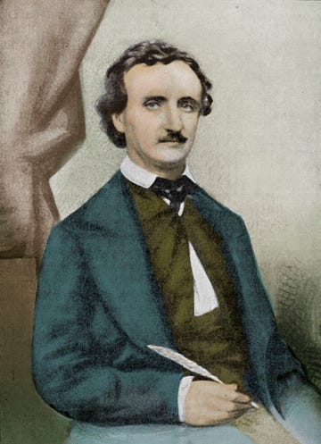 painting of edgar allan poe wearing a suit jacket, vest, collared shirt and tie