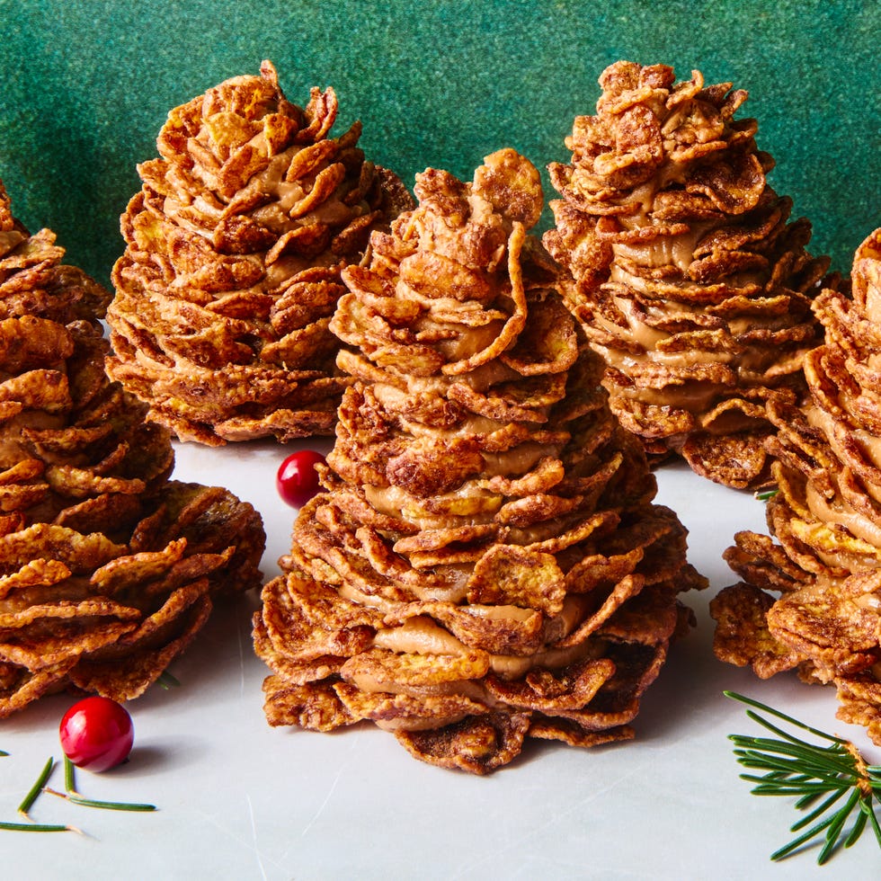 cornflakes stacked and decorated to look like pine cones