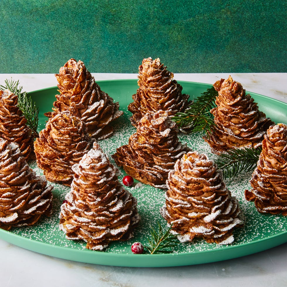 cornflakes stacked and decorated to look like pine cones