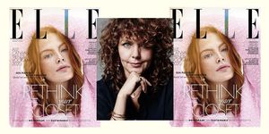 Portret van Edine Russel naast de cover van ELLE Maart