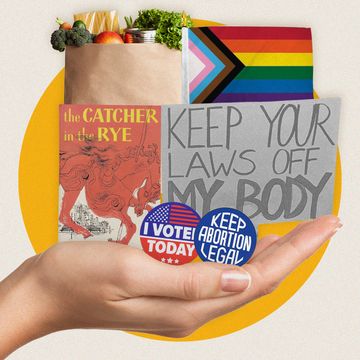 a hand holding a banned book a lgbtq flag and abortion rights pins