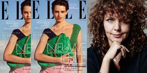 De cover van ELLE's aprilnummer 2020 en een portretfoto van hoofdredacteur Edine Russel.