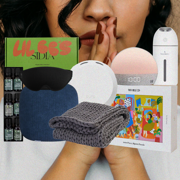 a woman with hands pressed over lips and a roundup of wellness products
