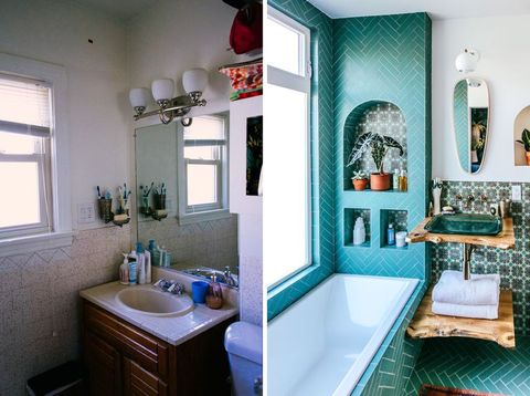 Before and after images of now-green bathroom